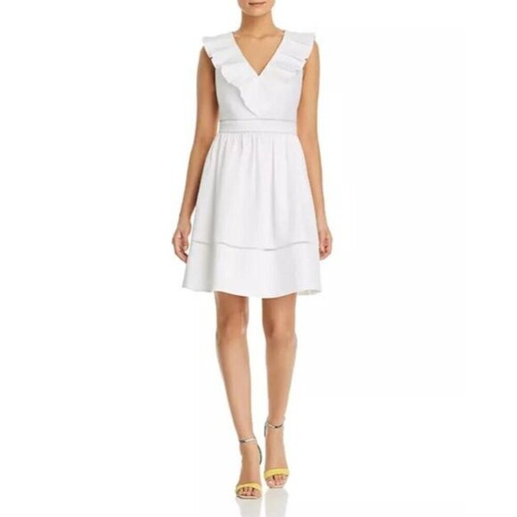 Kate Spade White V-Neck Ruffle Neck Sleeveless Fit & Flare Short Dress Women's S - Picture 1 of 9